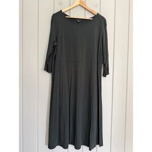 Eileen Fisher Viscose-Jersey Bateau Jewel Neck Dress XL Charcoal Gray 3/4 Sleeve